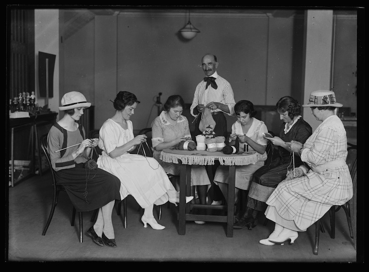 Photo from http://loc.gov. Photo taken between 1921 and 1932. No related caption, photographer Harris & Ewing. (Our knitting circle looked kind of like this, only no overly enthusiastic man in an outstandingly devilish tie.) 