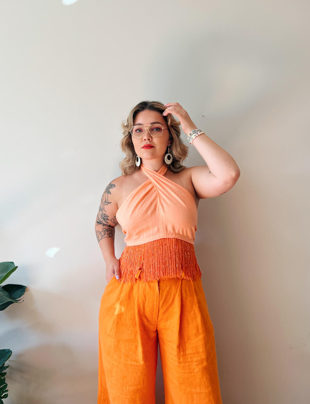 Orange Summer: Embroidered Blouse and Wide Legs Trousers